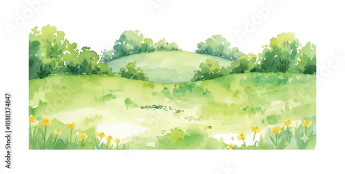 Green watercolor landscape painting featuring gentle rolling hills lush trees and yellow flowers in a serene scene