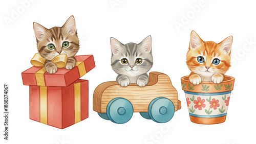 Three adorable kittens looking happy one peeking from a gift box another in a toy car and one in a flower pot