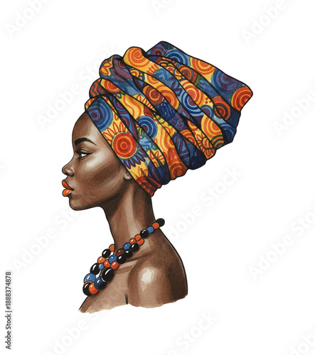 African Woman Portrait in Profile Wearing a Beautiful Vibrant Patterned Headwrap and Beaded Necklace Serene Dignified