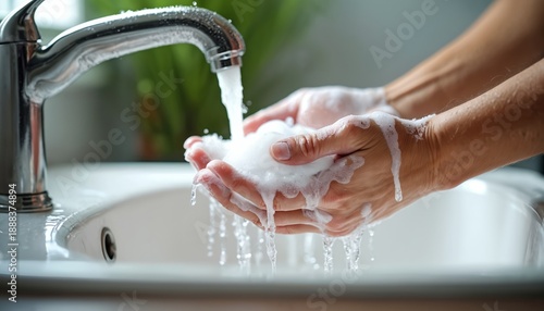 Hands lathered with foam under running water from tap in sink. Close up view of washing hands thoroughly. Gentle water flow washes away soap suds. Promoting hygiene awareness.