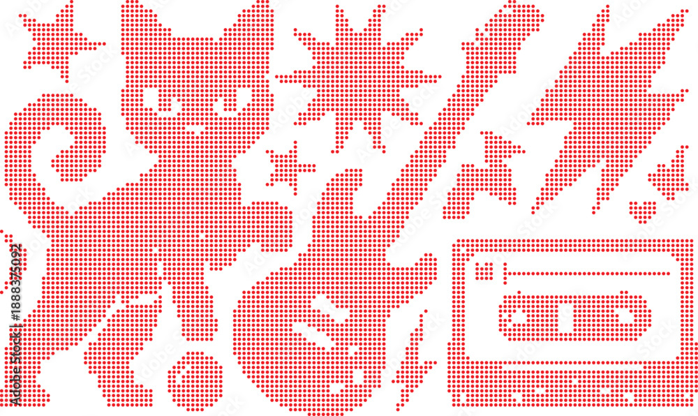 Fototapeta premium Red Dotted Pixel Cat, Guitar, Cassette Tape, Stars, and Lightning Bolts