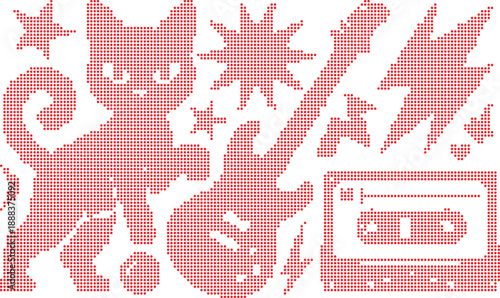 Red Dotted Pixel Cat, Guitar, Cassette Tape, Stars, and Lightning Bolts