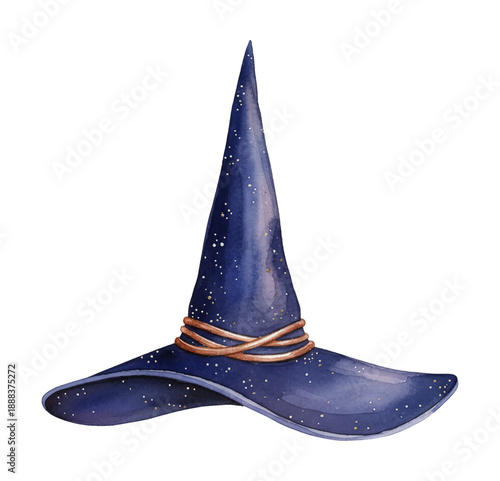 A magical blue witch hat with golden speckles and a copper band watercolor illustration
