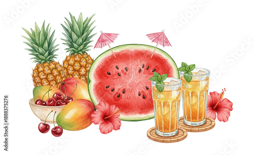 Refreshing tropical fruit and iced drink collection with pineapple watermelon mango cherry hibiscus watercolor