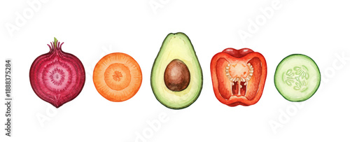 Various sliced fresh vegetables including onion carrot avocado bell pepper cucumber in a row healthy food