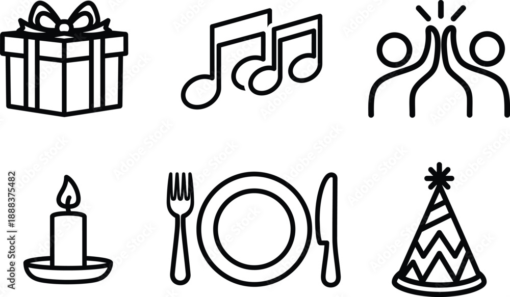 Fototapeta premium Black line icons for celebration and dining gift music people candle plate party hat
