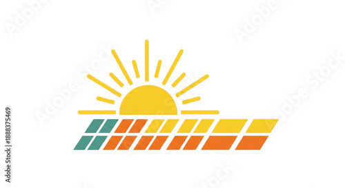 Sunrise over Solar Panel: A vibrant graphic symbolizes the harmonious fusion of renewable energy, featuring the sun rising majestically over a panel. It evokes innovation.