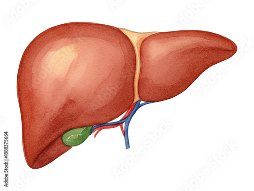 Human Liver Organ Anatomy with Gallbladder and Blood Vessels Detailed Watercolor Illustration