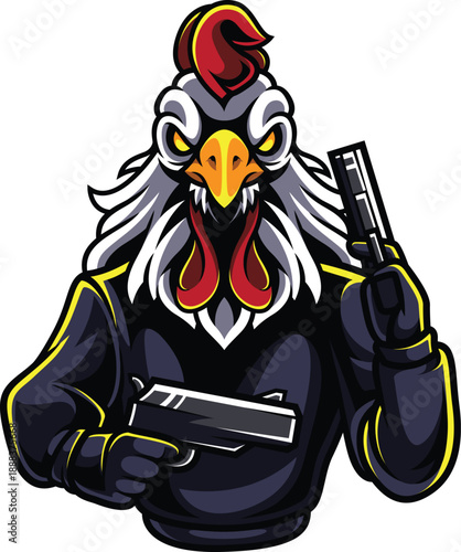 Cartoon rooster character with guns A cartoon rooster wearing a black outfit and holding two guns in a menacing stance.