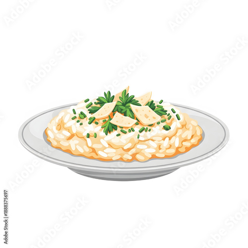 A delectable illustration of creamy Italian risotto, elegantly served on a pristine white plate, generously garnished with fresh green chives and delicate shaved parmesan cheese, depicting a gourmet 