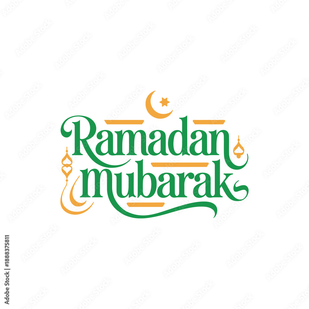 Naklejka premium Elegant Ramadan Mubarak Calligraphy with Crescent Moon and Lanterns