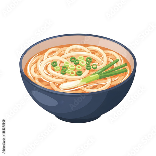 Delicious Japanese Udon noodle soup with fresh green onions in a dark bowl, a comforting and savory Asian cuisine illustration