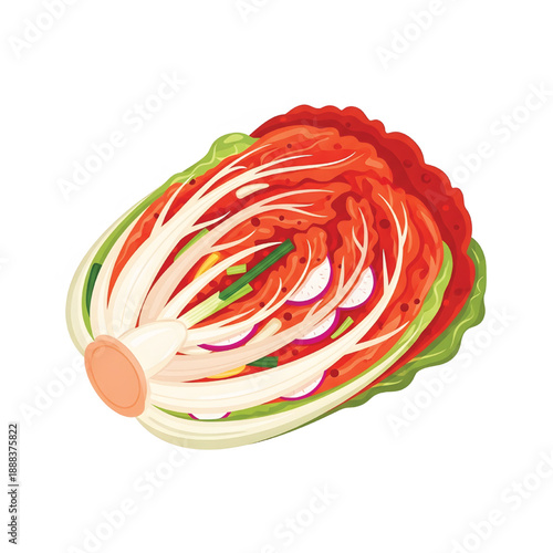 Vibrant illustration of Korean Kimchi, a spicy fermented cabbage dish, showcasing its fresh ingredients and traditional preparation
