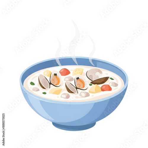 A delectable illustration of a warm and comforting bowl of creamy seafood soup, brimming with succulent clams, hearty potatoes, and fresh vegetables, perfect for a cozy meal