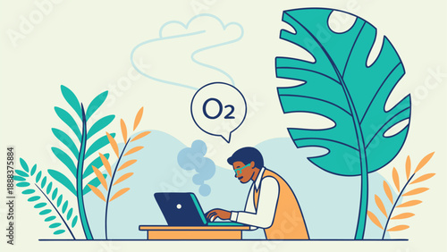 Eco-Friendly Workspace: Depicting a focused individual working at a laptop within an eco-friendly setting, promoting fresh air and sustainable environment.