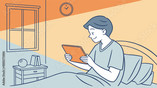 Quiet Reflection with Device: A serene individual engaged in quiet contemplation, engrossed in their device from the comfort of their bed, bathed in the soft glow of indoor light.