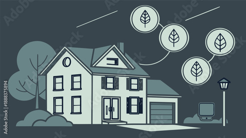 Eco-Friendly Abode: An illustrated depiction of a quaint house embraces sustainability, with a connected leaf representing an environmentally conscious lifestyle.