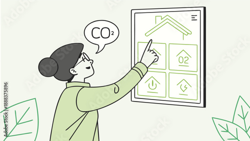 Smart Home Technology: A forward-thinking individual, immersed in smart home technology, interacts with an interactive interface showcasing a house.