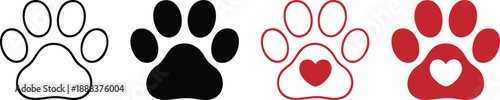 Set of Dog Paw Prints with Heart Accents, Pet Love: A Collection of Paw Print Icons, Vector Illustration of Paw Prints in Outline and Solid Styles, vector, illustration, silhouette.