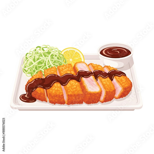 Crispy deep-fried breaded pork cutlet, a popular Japanese Tonkatsu, expertly sliced and served with savory sauce, fresh shredded cabbage, and lemon