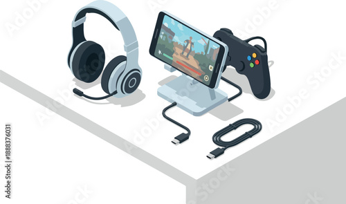 Gaming Accessories Headset, Controller, and Smartphone on a Charging Dock