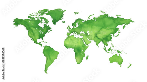 Watercolor World Map Showing Continents in Shades of Green on a White Background Earth Globe