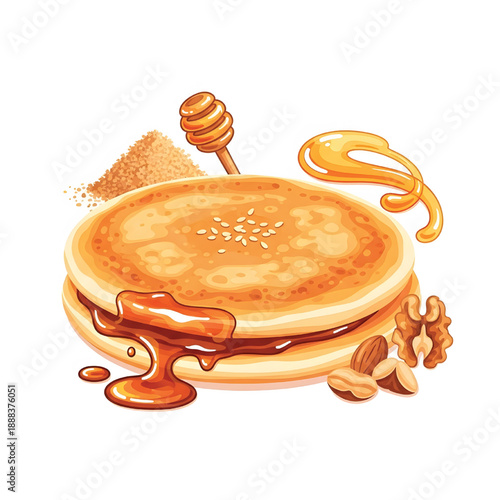 Delicious pancake with dripping honey, nuts, and sugar pile, perfect for breakfast or dessert imagery