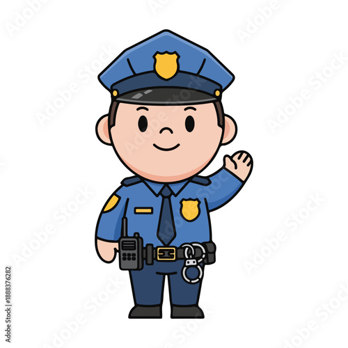 Cute cartoon police officer waving vector illustration