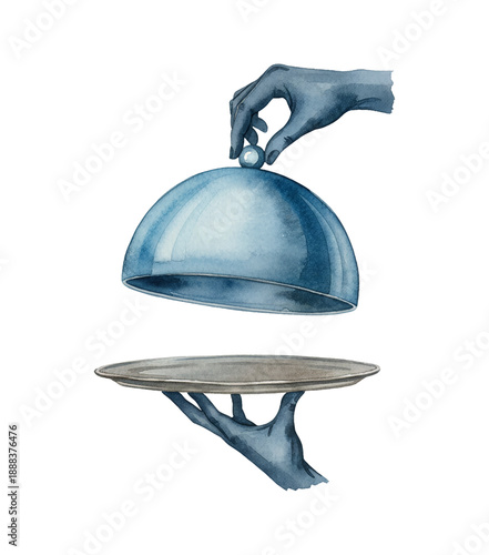 Elegant hand lifting a shiny silver cloche lid to reveal a meal on a serving platter in watercolor style