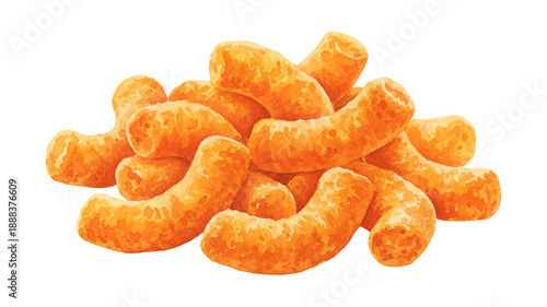 A pile of crunchy orange cheese snack puffs isolated on a white background