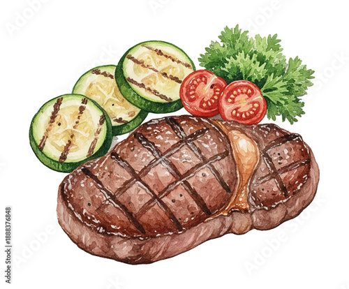 Grilled Steak with Zucchini Tomatoes and Parsley on White Plate Watercolor Illustration