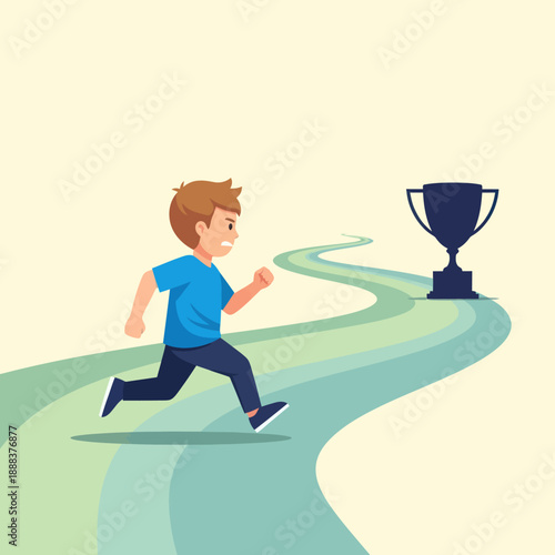 Man Running Towards Trophy Achievement Goal.