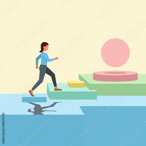 Woman Walking on Floating Platforms Towards Circle.