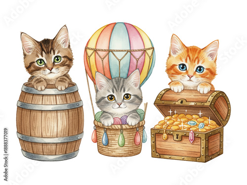 Three Adorable Kittens Playfully Posing in Barrel Hot Air Balloon and Treasure Chest Watercolor Art