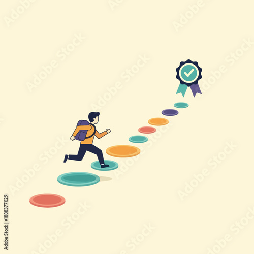 Man Running Towards Achievement Ribbon Icon.