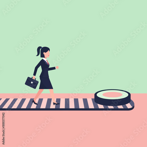 Businesswoman walking on giant record.
