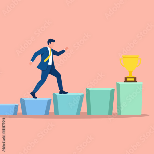 Businessman Climbing Stairs to Trophy Success.
