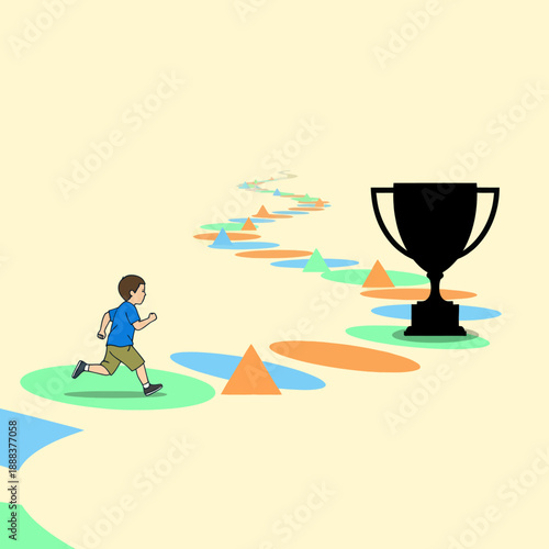 Young Boy Running Towards Trophy Illustration.