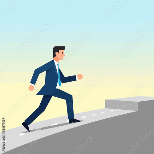 Businessman Running Up Stairs in Suit.