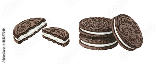Delicious Chocolate Sandwich Cookies with Cream Filling and Crumbs Detailed Hand Drawn Illustration