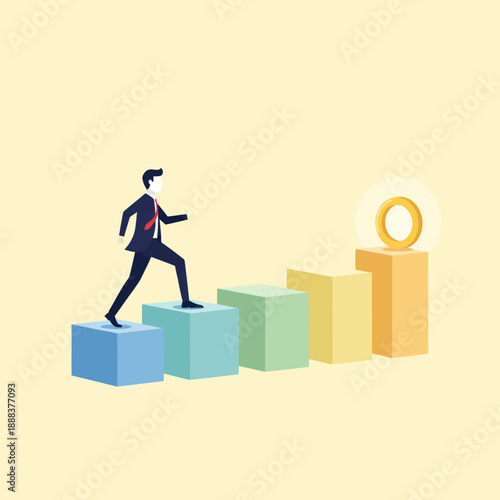 Businessman Climbing Stairs to Success Symbol.