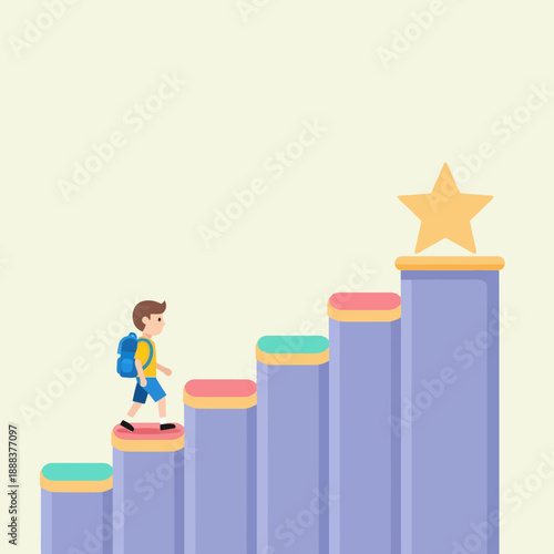 Cartoon boy climbing steps to star.