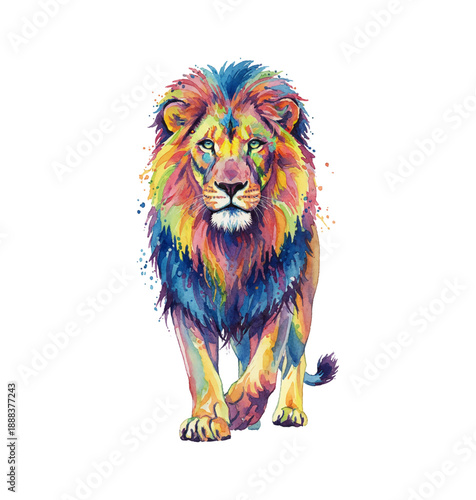 Majestic multi colored watercolor lion walking forward with a confident powerful gaze abstract animal art