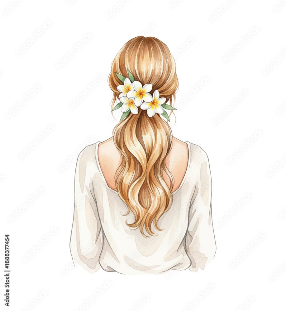 Fototapeta premium Elegant Woman with Blonde Wavy Hair Adorned with Tropical Plumeria Flowers Serene Back View Watercolor Artwork