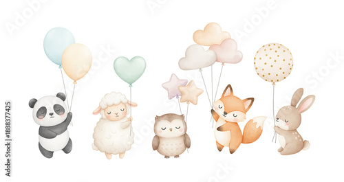 Cute happy baby animals holding colorful balloons a panda sheep owl fox and bunny with sweet peaceful expressions