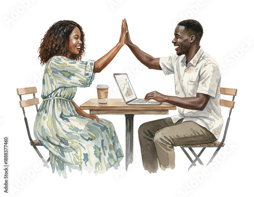 Happy African American Woman and Man High Fiving Celebrating Success with Laptop and Coffee at a Cafe Table