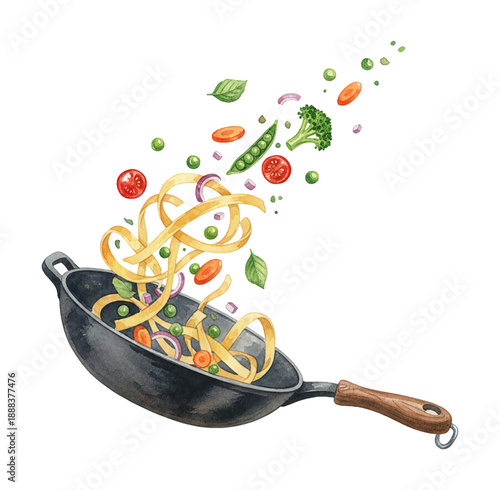 Fresh vibrant noodles and assorted vegetables actively tossing in a cooking pan in a dynamic food preparation illustration