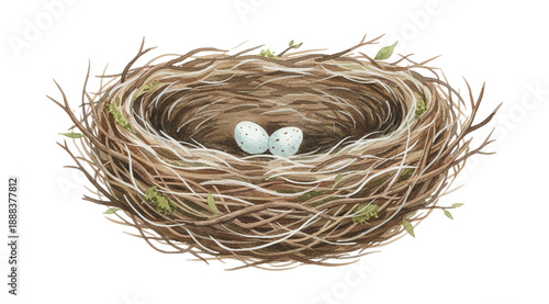 Detailed watercolor illustration of a bird nest with two blue speckled eggs symbolizing new life and spring