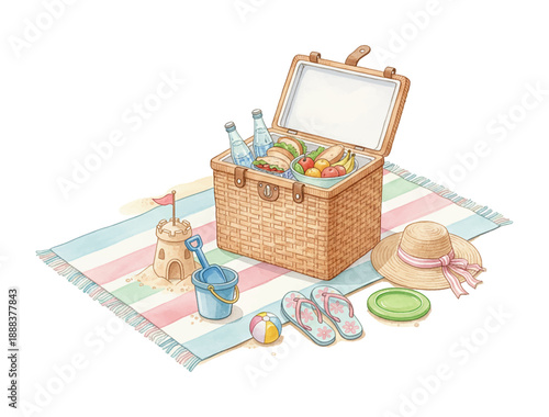 Delightful Beach Picnic Scene with Open Basket Full of Fresh Food Drinks Sandcastle Toys and Summer Hat