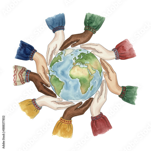 Diverse hands of various ethnicities cradling the Earth globe together showing global unity and care